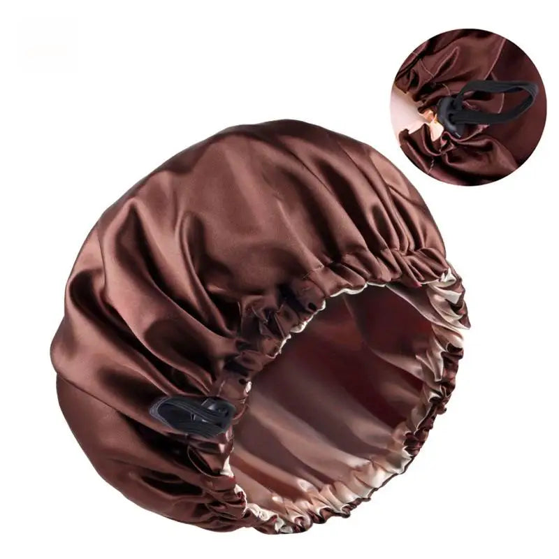 Women Reusable Double Layer Waterproof Large Shower Cap Night Satin Sleeping Bonnet Hat