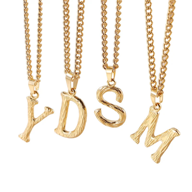Unisex Personality Tarnish Free Fashion Necklaces 18K Gold Plated Stainless Steel Textured 26 Initial Letter Pendant Necklaces