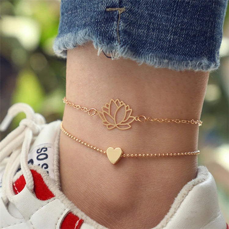Fashion Cheapest Hollow Lotus Heart Anklet Sets Party Women Bracelet Anklet