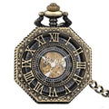 Vintage Octagon Case Roman Numerals Mechanical Skeleton Pocket Watch Hang Winding Hollow Steampunk Old Watch with Fob Chain