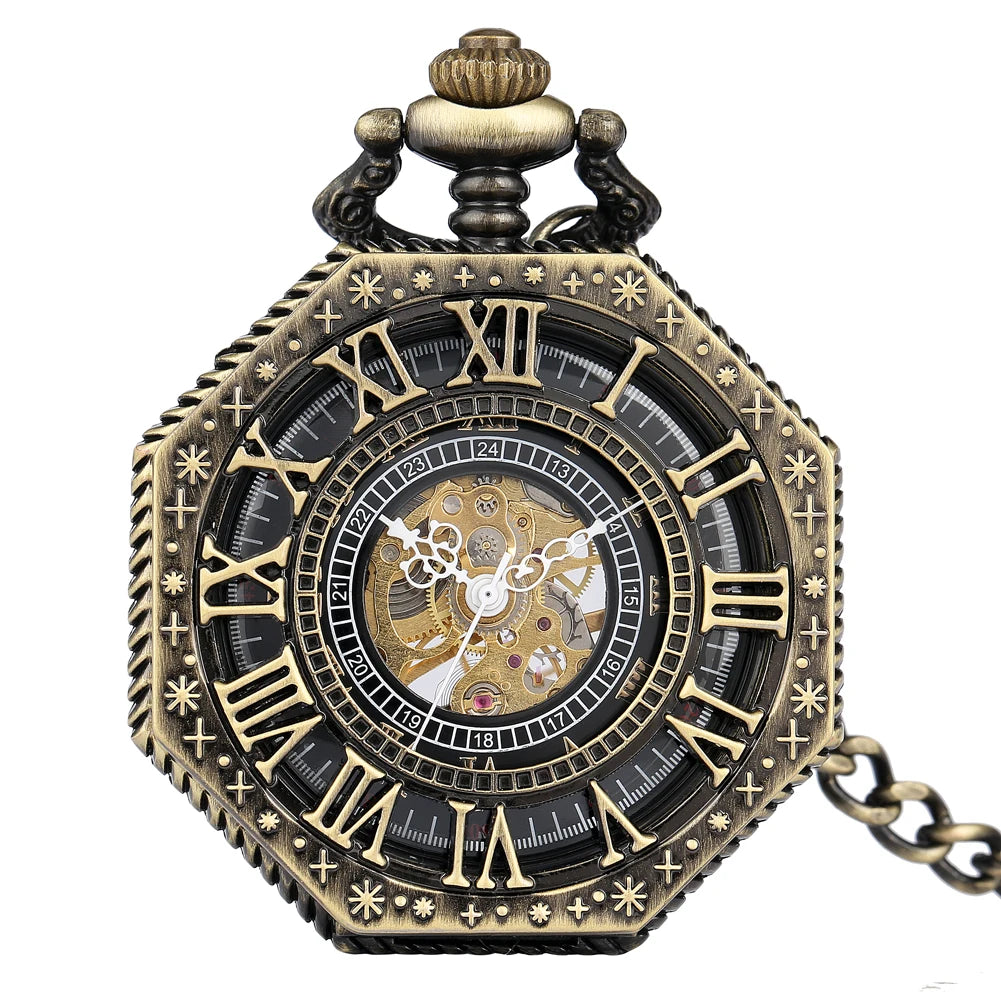 Vintage Octagon Case Roman Numerals Mechanical Skeleton Pocket Watch Hang Winding Hollow Steampunk Old Watch with Fob Chain