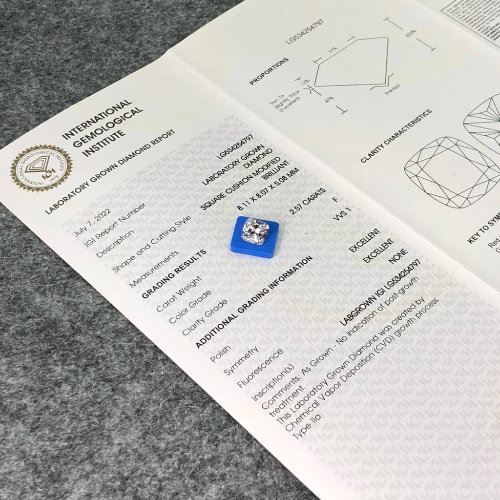 IGI Certified 2.57ct F VVS1 Wholesale Lab Created Diamond square Cushion Lab Grown Diamond