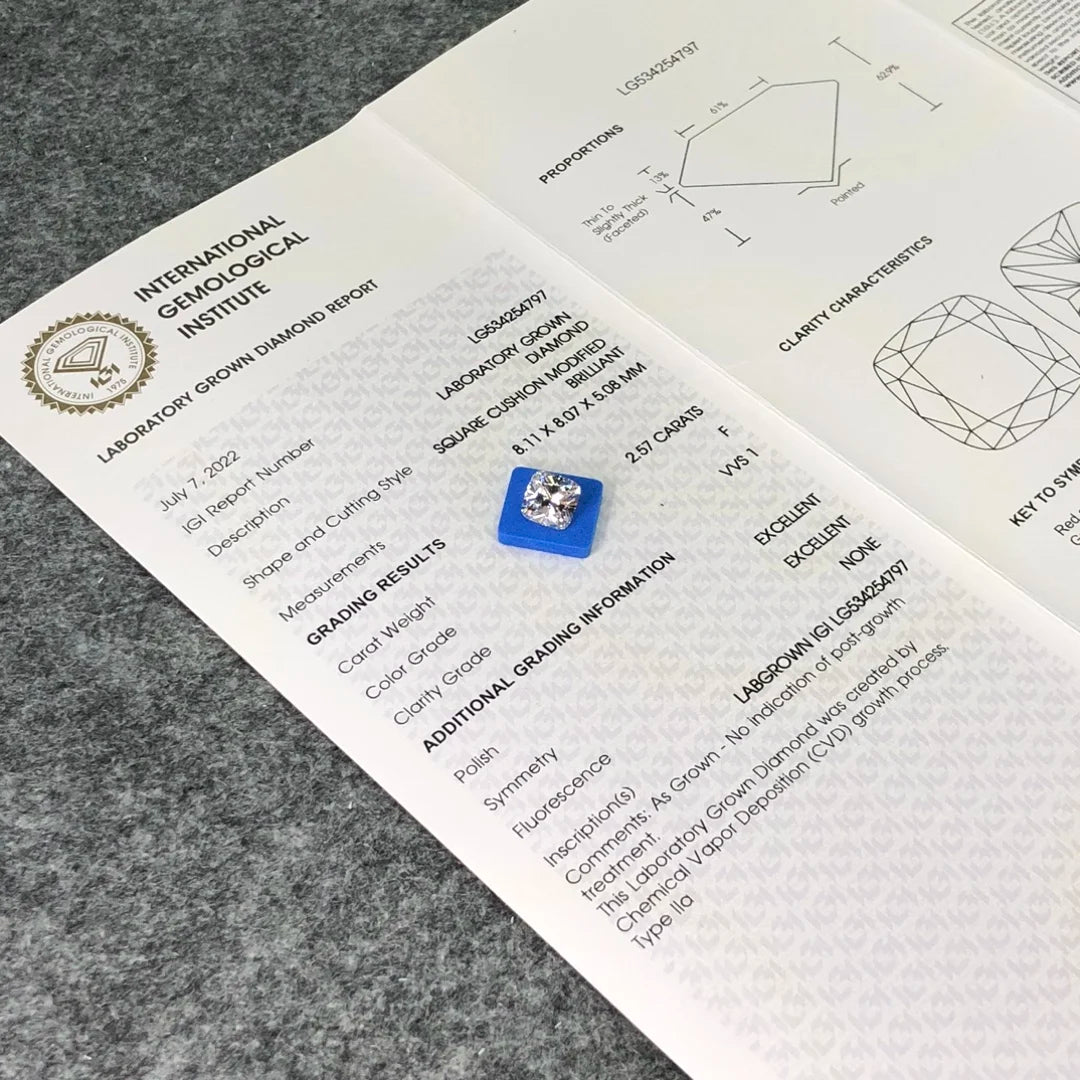 IGI Certified 2.57ct F VVS1 Wholesale Lab Created Diamond square Cushion Lab Grown Diamond