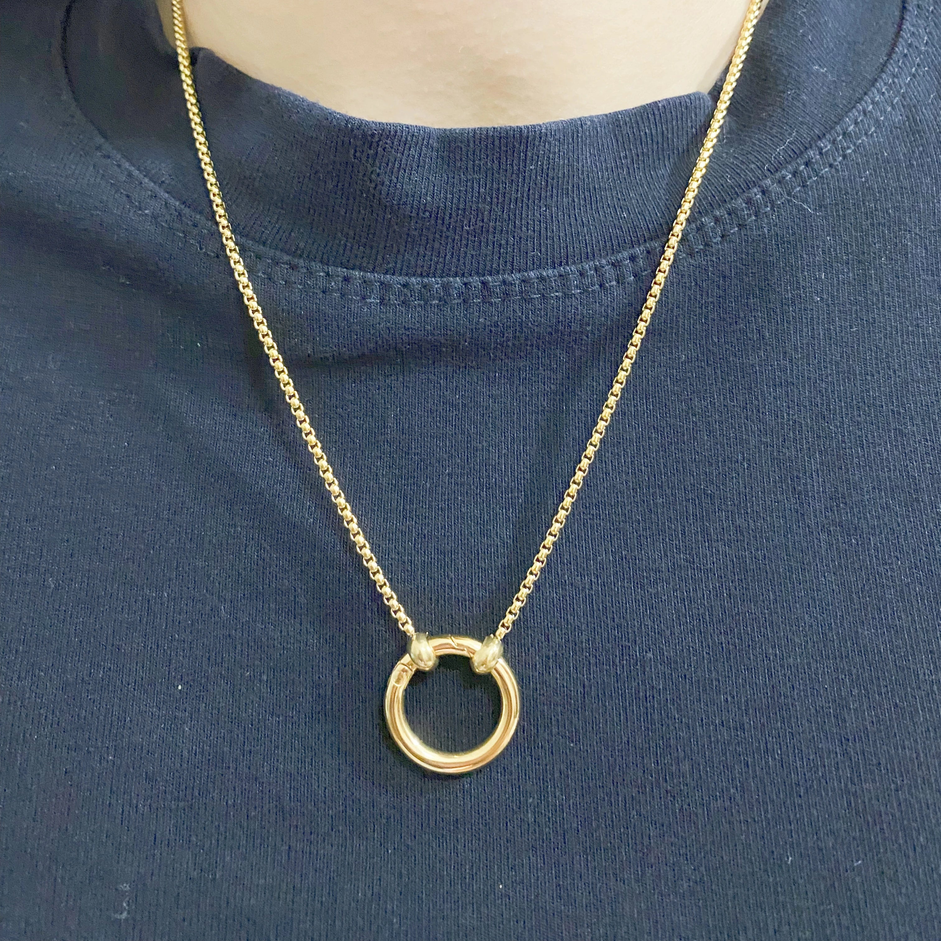 Waterproof Custom Charm Pendant 18k Gold Plated Jewelry Stainless Steel Push Carabiner Circle Clasp Box Chain Necklace Unisex