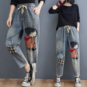 Boutique Wholesale 2026 Spring New Elastic Waist Lace Patch Embroidered Hole Loose Women's Jeans