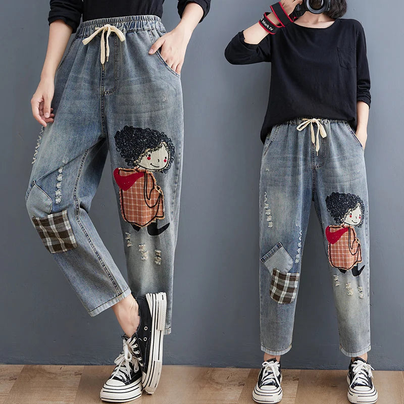 Boutique Wholesale 2026 Spring New Elastic Waist Lace Patch Embroidered Hole Loose Women's Jeans