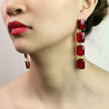 Korean Fashion Red Crystal Dangle Earrings Long Square Glass Beaded Statement Drop Earrings for Women Party Wedding Jewelry