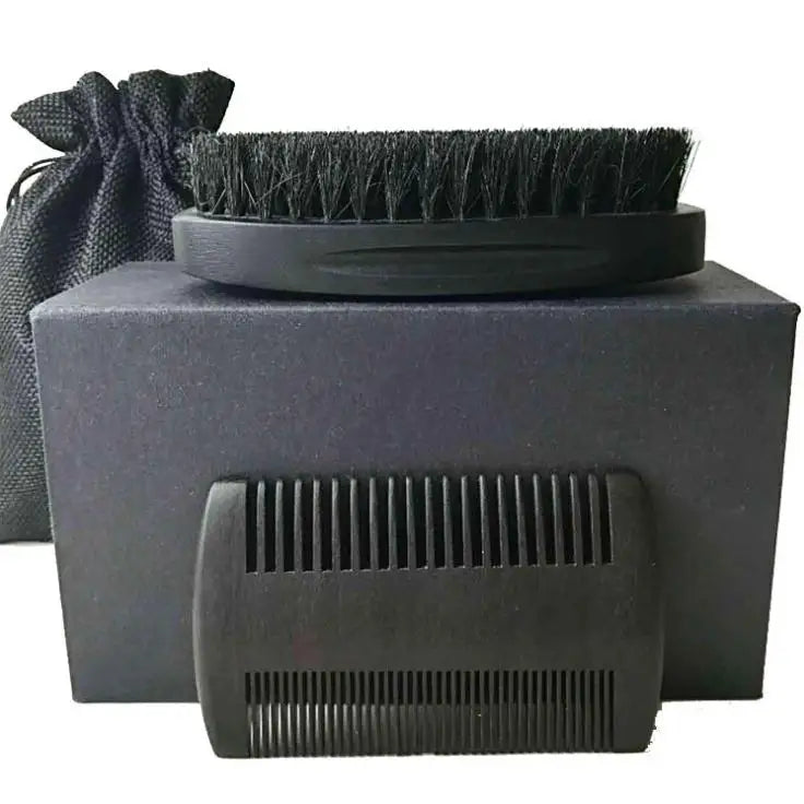 Hot Selling Customized Logo Men Boar Bristle Beard Brush Black Beard Brush and Comb Set