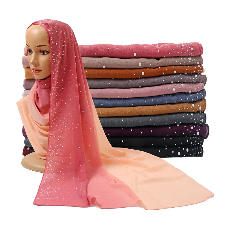 Hot Drilling Hijab Scarf With Stone Crystal Scarves Dubai Stylish Chiffon Hijab Wrap Muslim Chiffon Hijab
