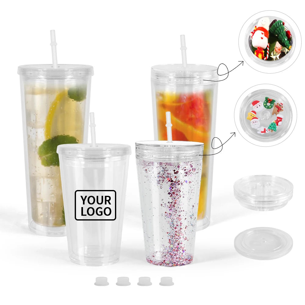 Hot Selling DIY Pre-drilled Double Wall 16oz 24oz Clear Acrylic Tumbler Reusable Plastic Tumbler with Straw and Stopper Two Lids