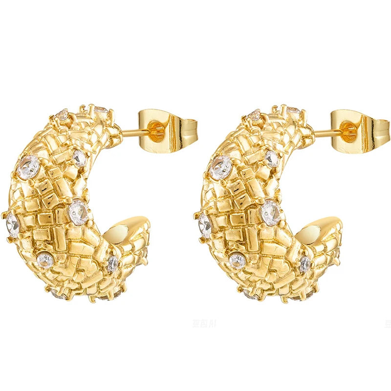 Latest 18K Gold Plated Stainless Steel Jewelry Hollow C-shape Inset Zircon Hoop Earrings Waterproof for Women Earrings E241627