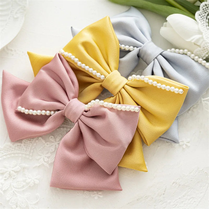MIO Colorful Bowknot Butterfly Hair Clips Pearl Hair Bows Clips Korea Satin Polyester Bow Hair Spring Clip for Women Girls