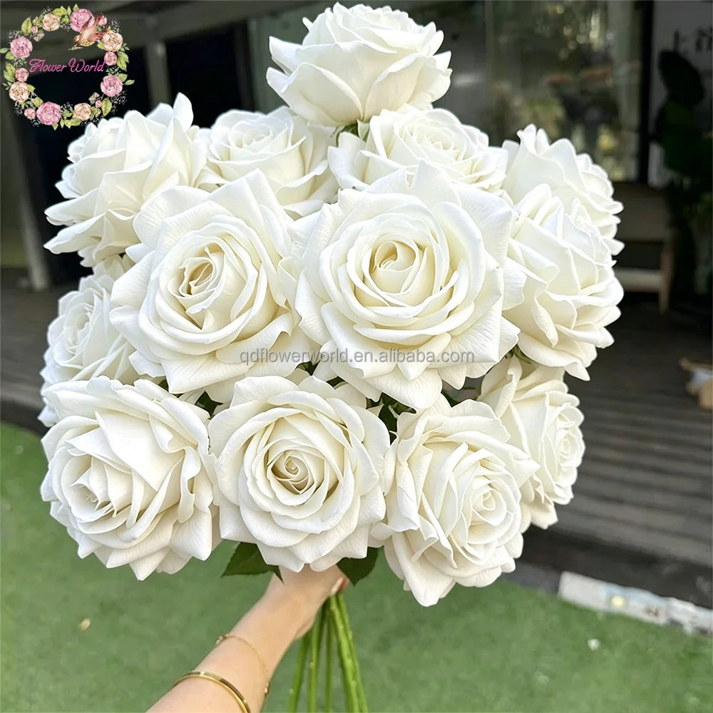 Wholesale Luxury Artificial 12 cm Latex White Rose Flowers Real Touch Big Heads for Wedding Events and Mother's Day