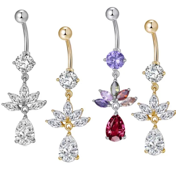 Gaby New Design  Lotus Dangle Crystal Belly Piercing Belly Button Ring Wholesale Body Piercing Jewelry