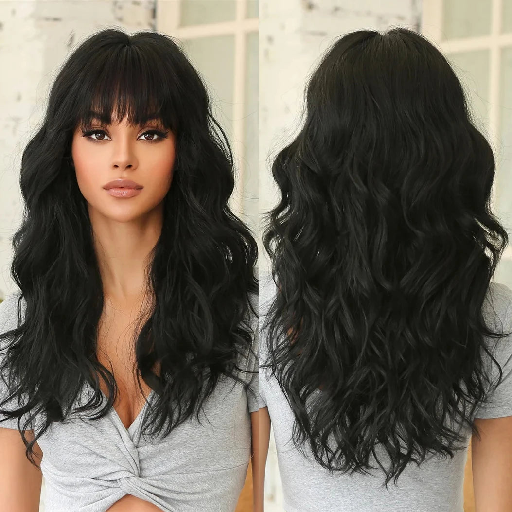 MOQ 1 26 Inches Long Black Wig Synthetic Hair Wigs for Women Daily Party Cosplay Use Hair High Resistant Fiber