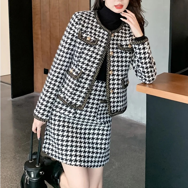 Autumn and Winter Coat Small Fragrant Wind Thousand Bird Checker Two Piece Set Skirt Temperament Fashion Tweed Set