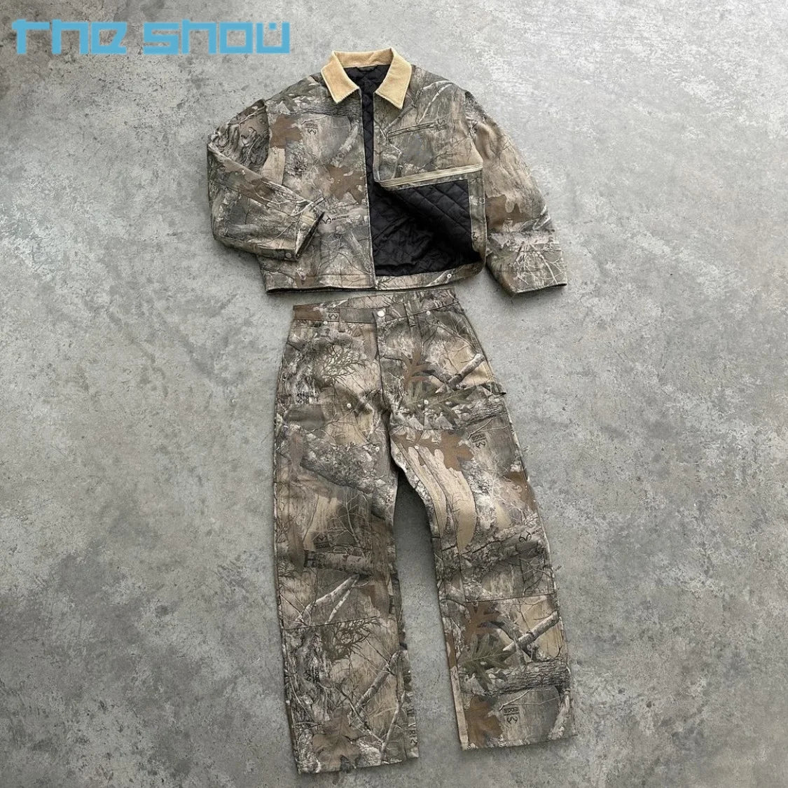 Custom Sweatsuit Mens Streetwear Camoflouge Two Piece Set Tracksuit Men Carpenter Pants and Zipper Reals Tree Camo Jacket Set
