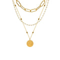 Stainless Steel Necklace Women's Three Layered Pearl Queen Pendant Necklace