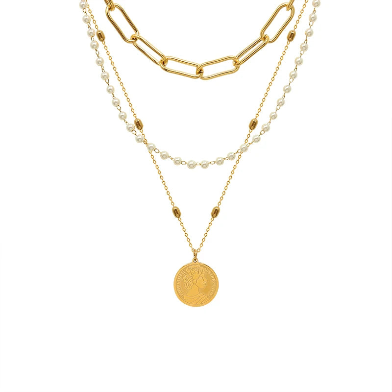 Stainless Steel Necklace Women's Three Layered Pearl Queen Pendant Necklace