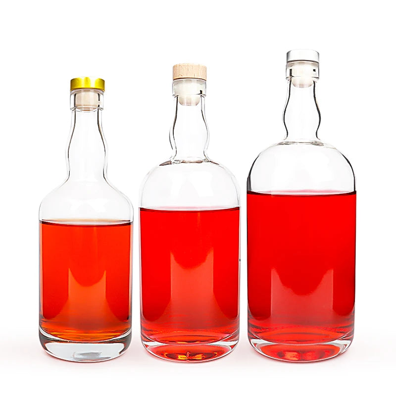 Premium Round Transparent Glass Spirit Bottle 500ml 750ml 1000ml Whiskey Vodka Rum Gin Liquor Bottle with Cork Lid