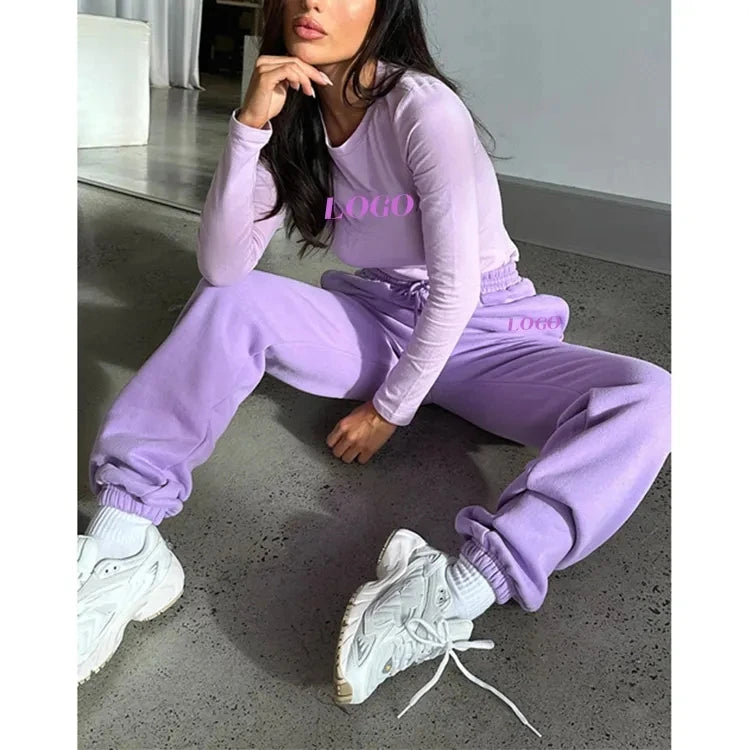 Women Light Purple Long Sleeve Crop Top Drawstring Sweatpants 2 Piece Set Casual Daily Lounge Streetwear Matching Outfits