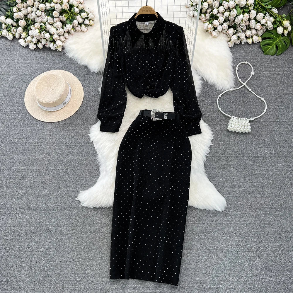 Wholesale 2026 Autumn New Style Bubble Long Sleeved Single Breasted Diamond Shirt High Waist Skirt Women's Set