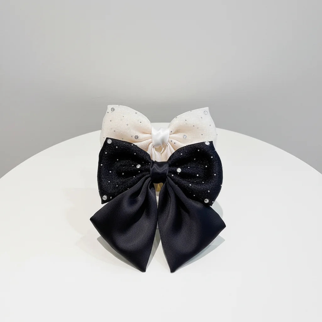 French Design Bowknot Hair Clip Round Rhinestone Fabric Hair Bow CELIAY 17.5cm for Adult Girls Daily Use Headwear