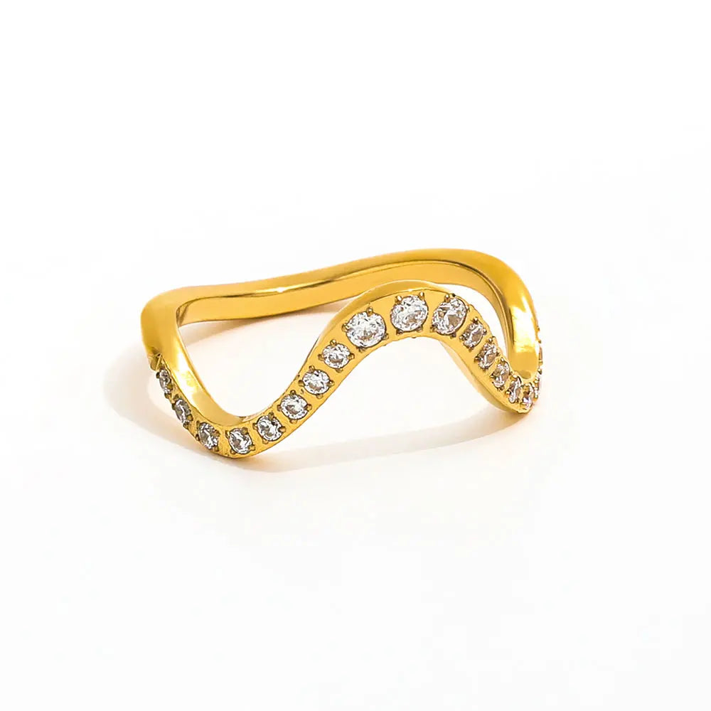 Joolim Jewelry Wholesale 18K Gold Plated Dainty Zirconia CNC Inlay Chunky Waved Lines Stainless Steel Ring for Women Gift