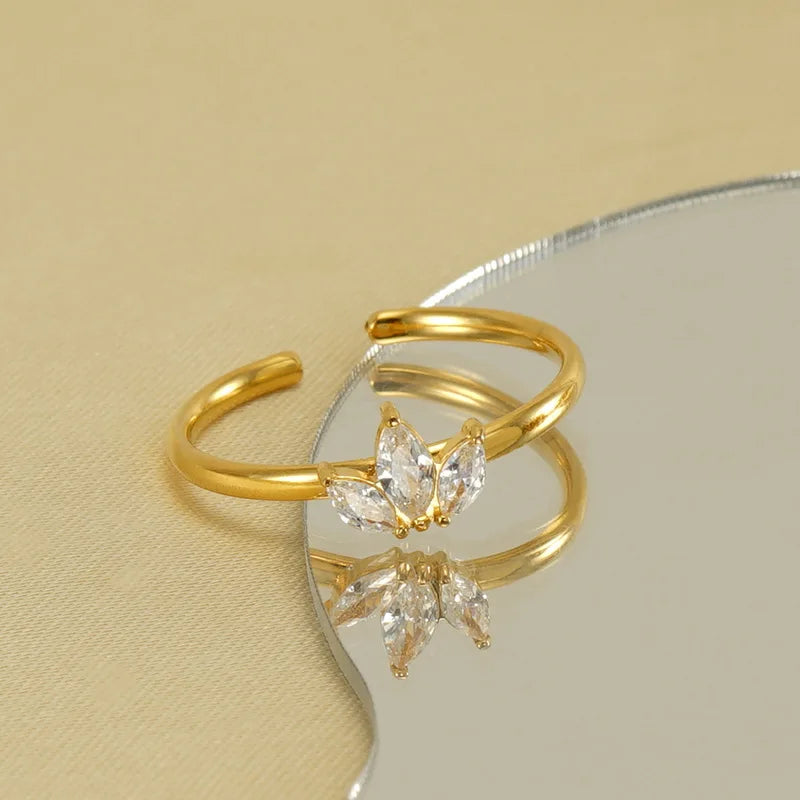 Trendy Vintage Design Gold Plated Adjustable Rings Maple Stainless Steel Zirconia Cut Inlay Wedding Party Religious