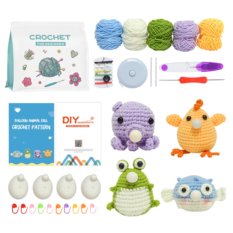 Bohe DIY Puff Bubble Doll Crochet Kit for Beginners Animals Knitting Kit with Step-by-step Teaching Video Starter Cotton Flower
