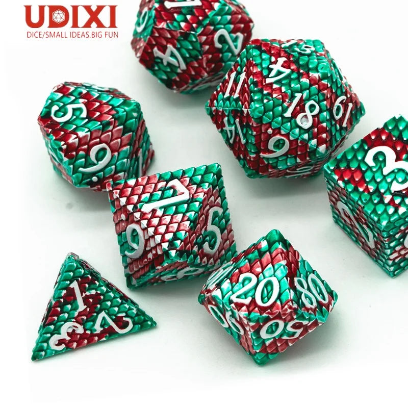 For Custom Logo 7-Piece RPG Polyhedral Metal Dice Set for Dungeons & Dragons with Dragon Scale Red & Green in Metal Box