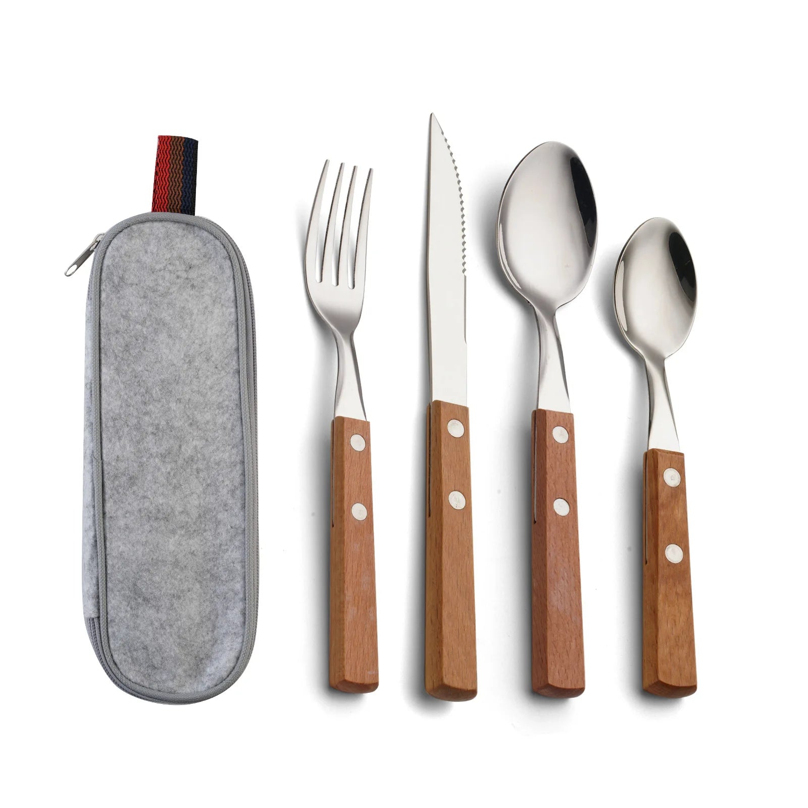 Reusable Eco-Friendly Silver Classic Camping Travel Hiking Neoprene Pouch Stainless Steel Dinner Knife Fork Cutlery Set Wooden