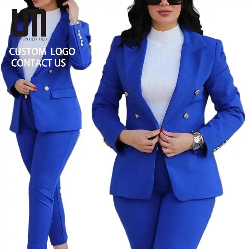 Liu Ming Hot Selling Wholesale New Fashion Women Formal Office Double Breasted Solid Blazers Jacket Pants Two Pieces Set