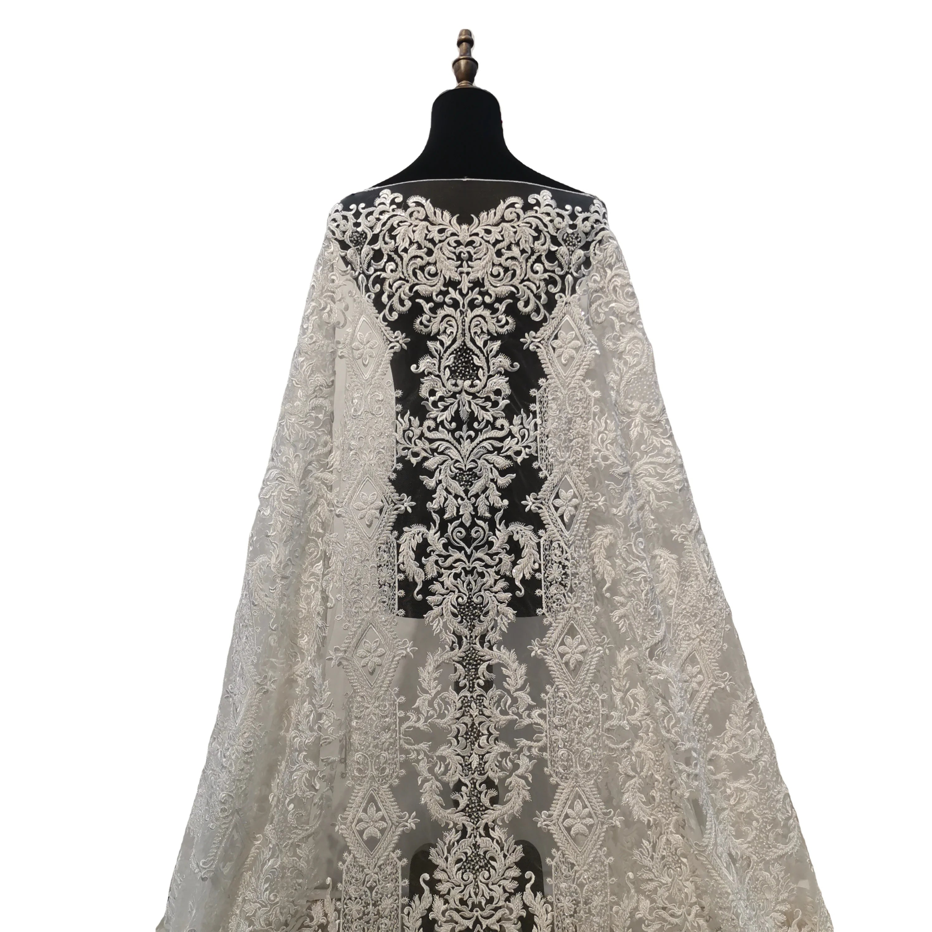 High-End White Custom Heavy Beaded Embroidery Bridal Couture Luxury Lace Fabric for Wedding Party