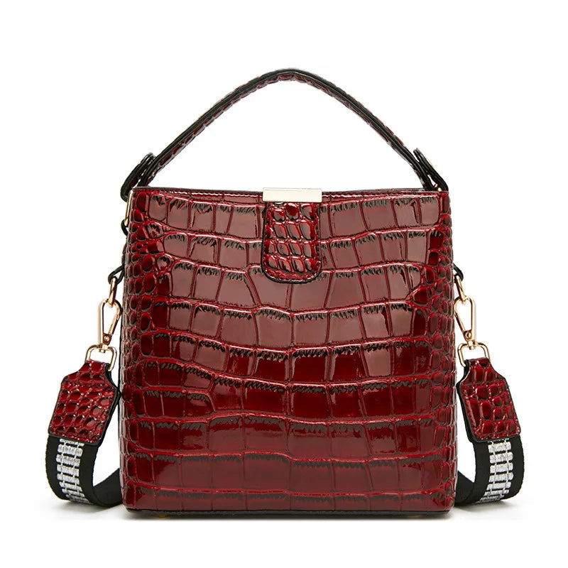 Glossy Crocodile Embossed Bucket Handbag Top Handle Crossbody Bag Wide Shoulder Strap Large Capacity Women Daily Shoulder Bag