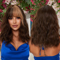 Fast Delivery Medium Length Water Wave Curly Synthetic Synthetic Fiber Wig With Golden Bangs and Brown Hair Heat-Resistant