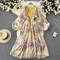 Early Spring New Flower Print Dress With Deep V Lantern Sleeve Pleats Wind-proof Midi Length Skirt Made of Anti-Wrinkle Cotton MegaBDM