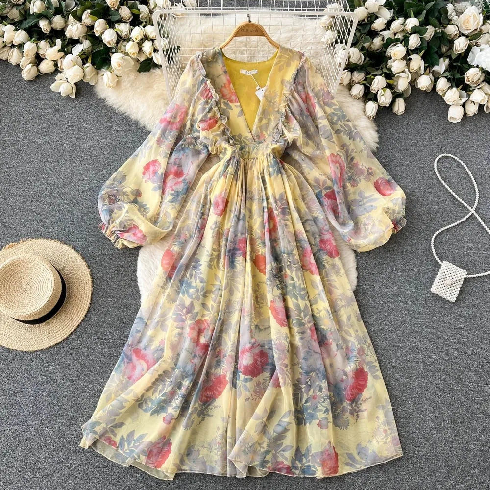 Early Spring New Flower Print Dress With Deep V Lantern Sleeve Pleats Wind-proof Midi Length Skirt Made of Anti-Wrinkle Cotton MegaBDM