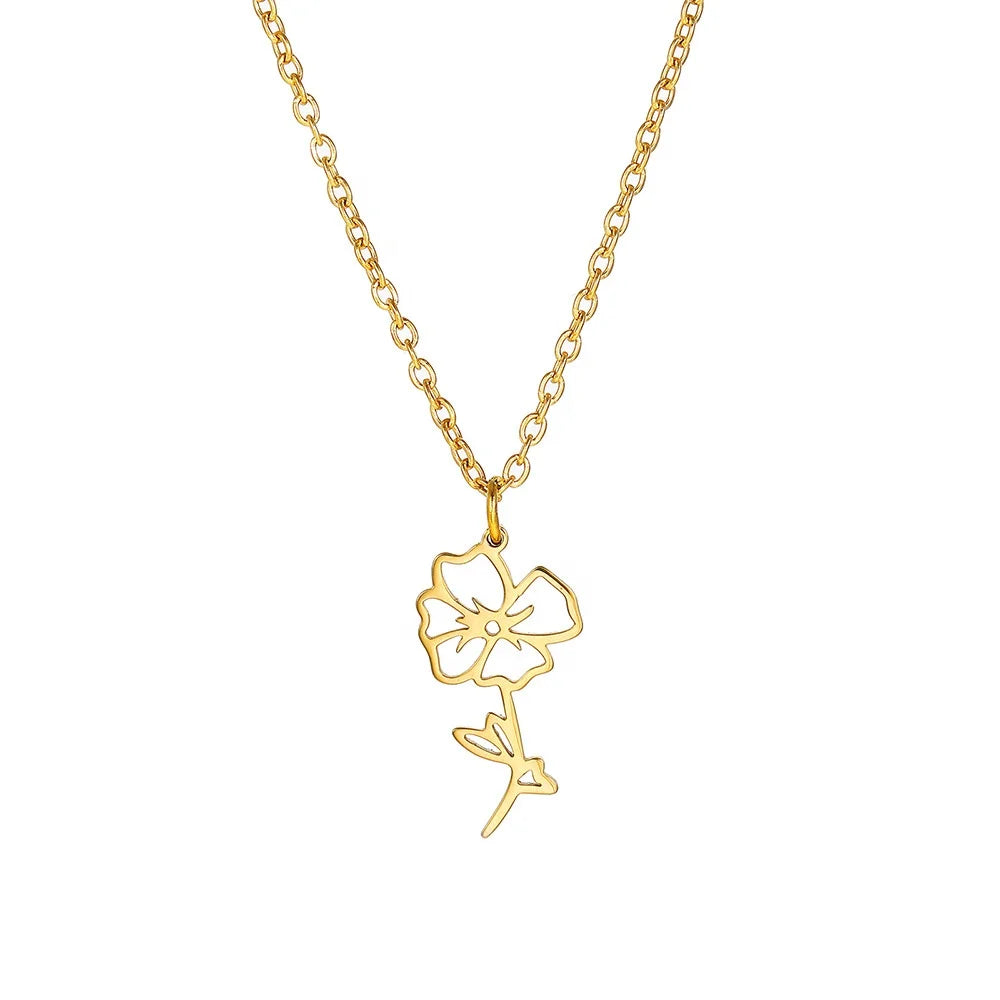 2026Dina New Arrival 18K Gold Plating Birth Flower Necklace Elegant Women Stainless Steel Jewelry Lotus Daisy Flower Pendant