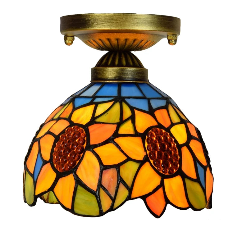 Tiffany Shade Round Led Ceiling Light Fixture for Bedroom Lamp Antique Baroque Sunflower Pattern Stained Glass Decor Lamp