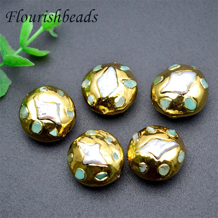 Wholesale Jewellery Natural Freshwater Pearl Gold Plating Big Size Green Stone Freeform Round Shape Loose Pearl Beads