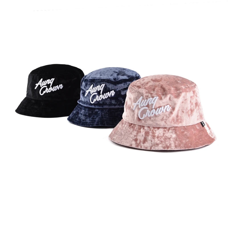 Small MOQ Custom Outdoor Leisure 3D Embroidered Velour Velvet Bucket Hat Fisherman Hat Unisex