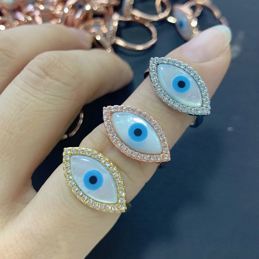 Marquise Evil Eye Rings Women Crystal Zircon Sea Shell Adjustable Zircon MOP Pearl Shell Open Finger Rings Jewelry