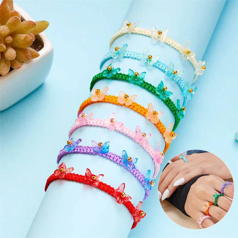 2024 Bohemian Colored Butterfly Rings Jewelry Women Adjustable Handmade Nylon Braided Acrylic Butterfly Bracelet