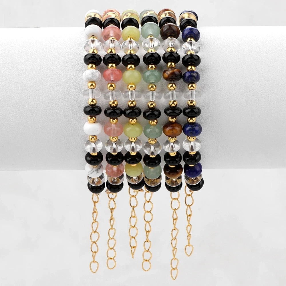 New Design Natural Stone Stainless Steel Gold Beads Bracelets for Women Men Rondelle Shape White Crystal Quartz Bangle