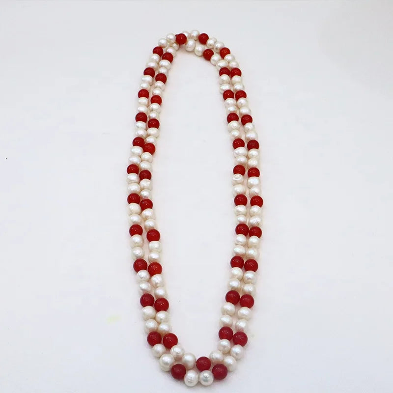 Best Quality 18K Gold Plated Sterling Silver Red Agate Sweater Chain AAA Grade Vintage Style Freshwater Pearls Necklace for