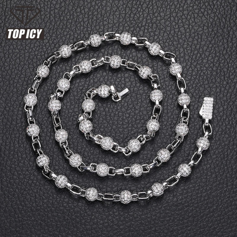 Iced Out Beaded Necklace 18K Gold Plated 5A CZ Shiny 6mm Ball Chain Hip Hop Jewelry Men's Necklace