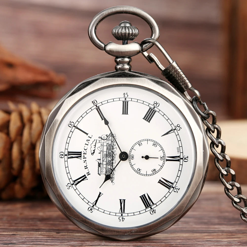 Retro Vintage Steam Locomotives Train Dial Hand-Winding Men Mechanical Watches Pocket with Chain