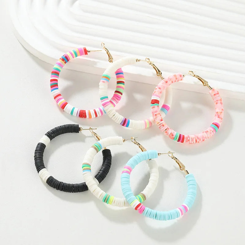 2025 Trendy Girls Women Bohemian Handmade Earings White Colorful C Shape Circle Golden Soft Clay Hoop Polymer Clay Earrings