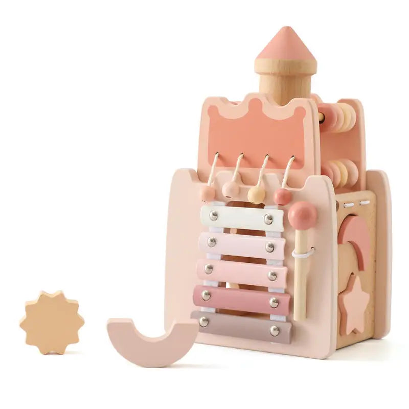 2025 New Custom Montessori Children 5 in 1 Pink Wooden Castle Xylophone Box Early Educational Cube Shape Matching Toys for Girls